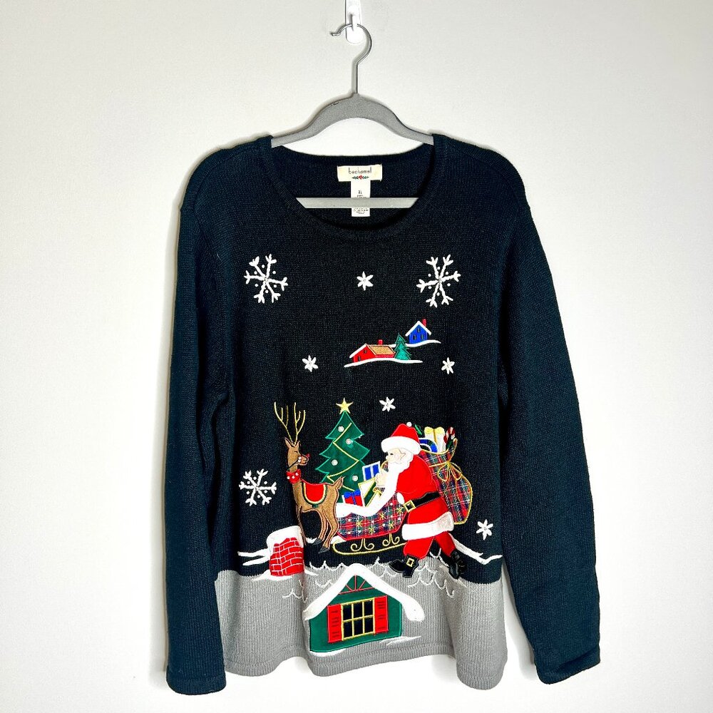 Vtg Bechamel Ugly Christmas Sweater Novelty Santa Claus Embroidered Tunic Top XL